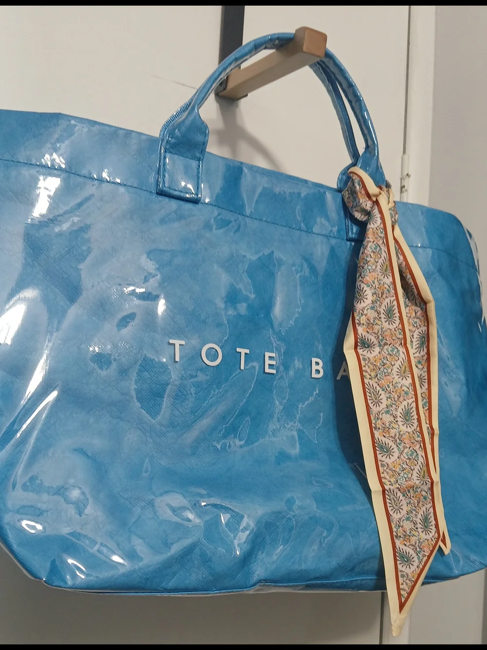 totes Shiny Sky Blue Tote with Patterned Scarf Accent